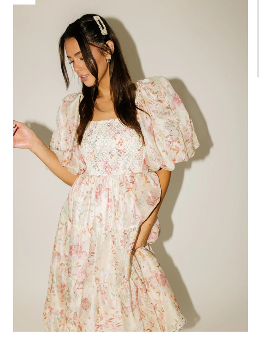 Shop ZOCO Cream Smocked Dress with Pastel Floral Accents